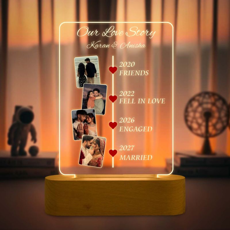 Personalized Our Love Story Couple Photo LED Lamp with Light & Wooden Stand Anniversary Gift for Husband Wife Gift for Birthday Valentines Day Memorable Gift Item